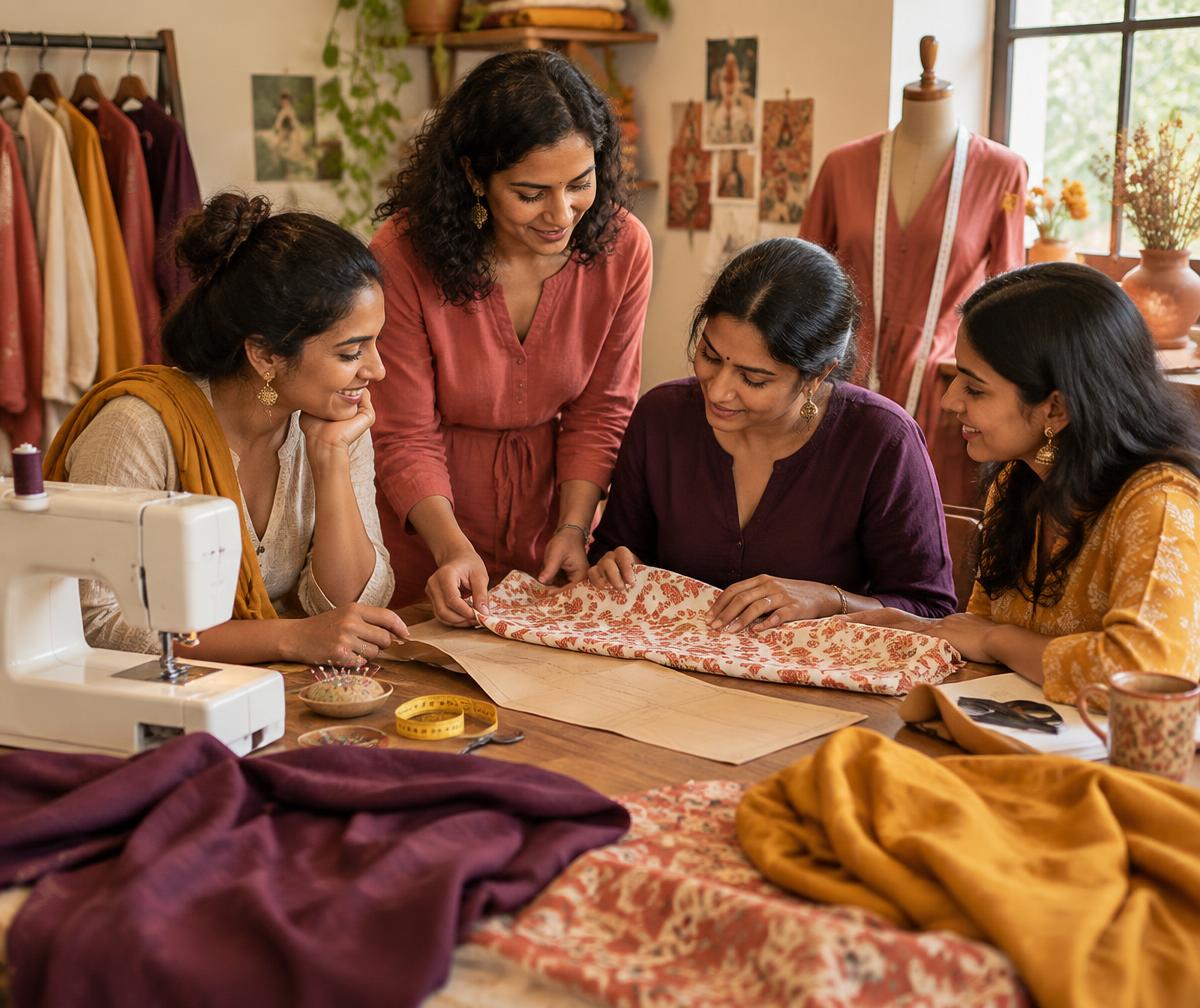 Women learning garment sewing together around a studio table