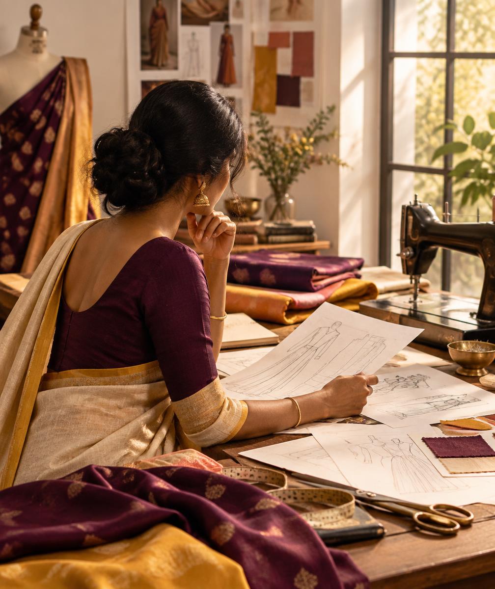 Editorial sewing portrait representing CDA’s founder story; not a photograph of Bhuvaneswari