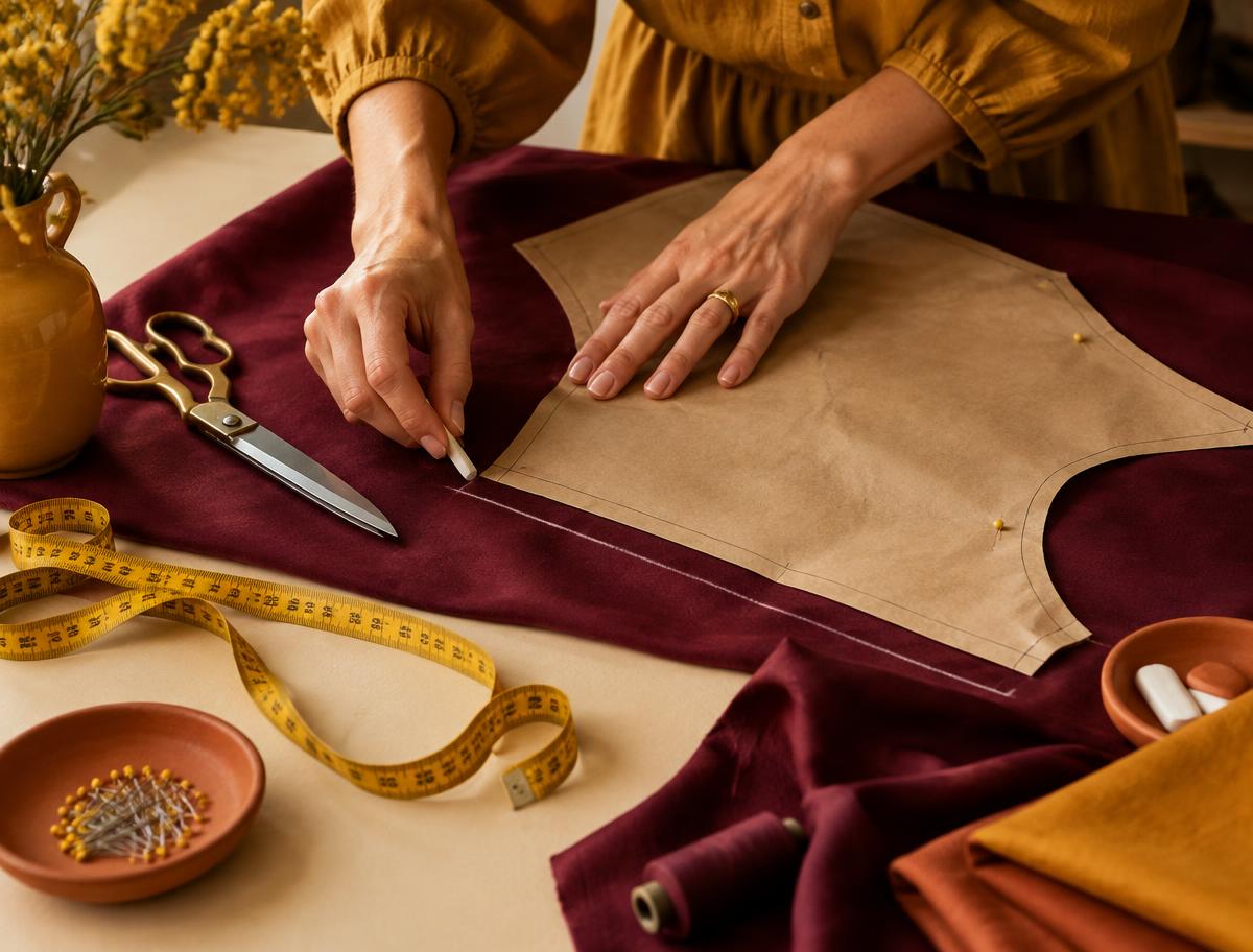 Hands marking a sewing pattern on berry fabric